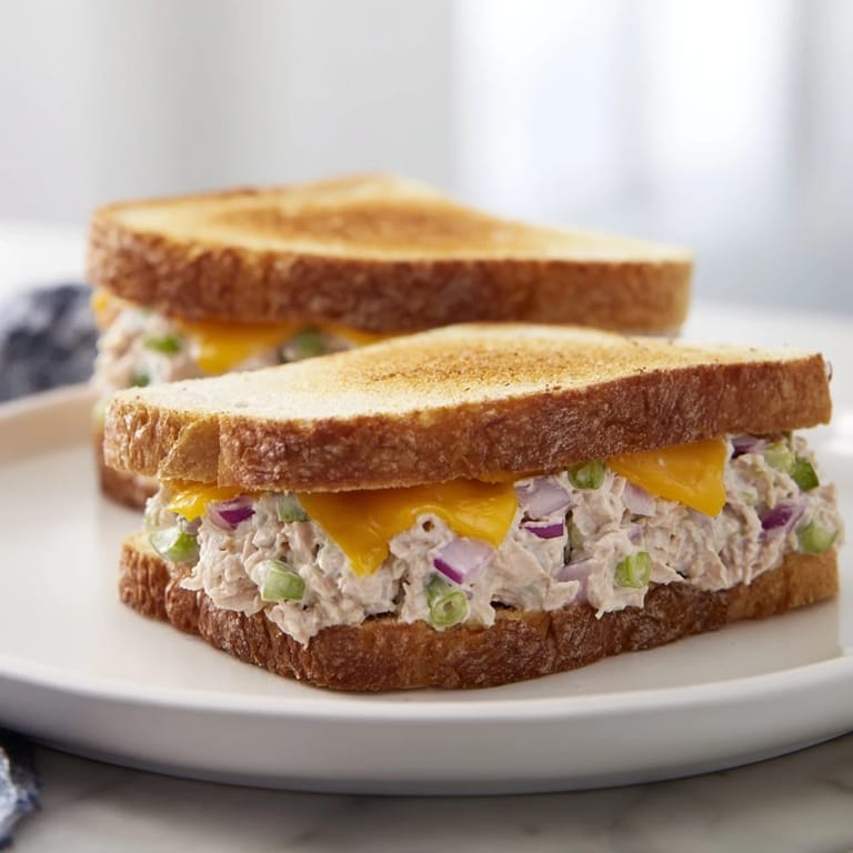 Close-up of a delicious Classic Tuna Melt Sandwich, sliced, showcasing melty cheese and tuna filling.