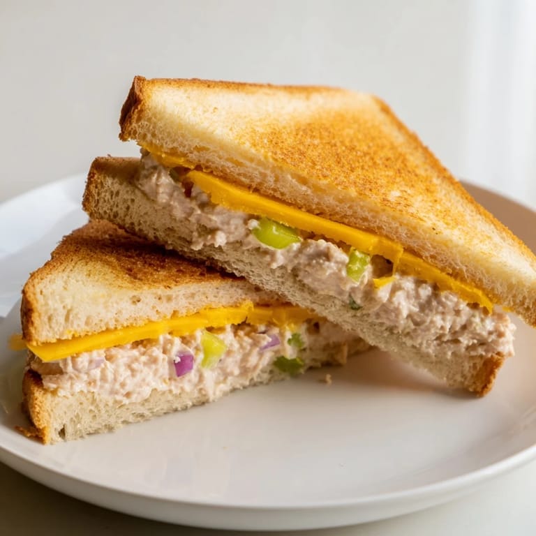 A warm and crispy Classic Tuna Melt Sandwich, oozing cheese and perfectly toasted bread.