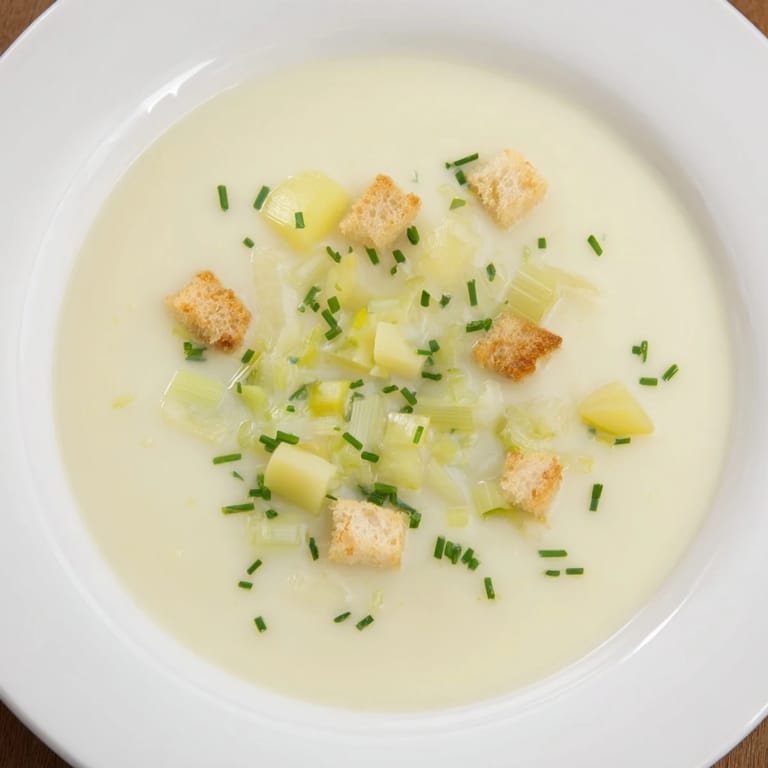 A steaming bowl of Quick & Simple Potato and Leek Soup, garnished with croutons, offering warming flavors.