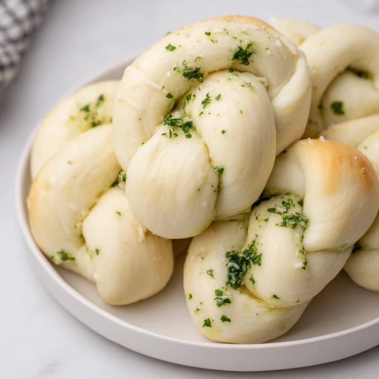 Close-up of baked homemade garlic knots, showcasing the perfect texture and golden color before serving.