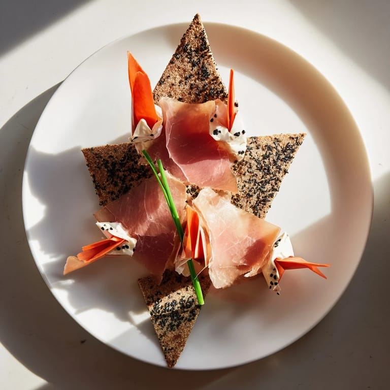 Delicately arranged Paper Crane appetizer showcasing layers of prosciutto, crackers, and carrot accents on a platter.