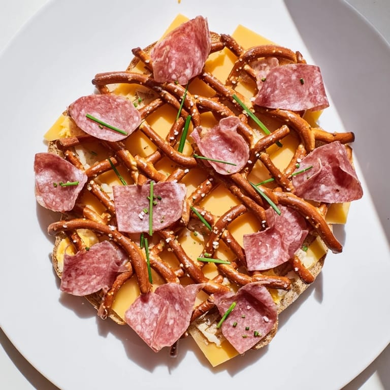 A close-up view of The Lattice Window appetizer with layers of meats, cheese, and a crunchy pretzel top.