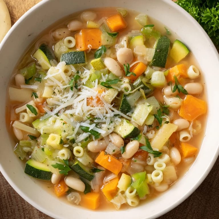 A bowl overflowing with Simple One-Pot Minestrone Soup, showcasing pasta and garden vegetables.