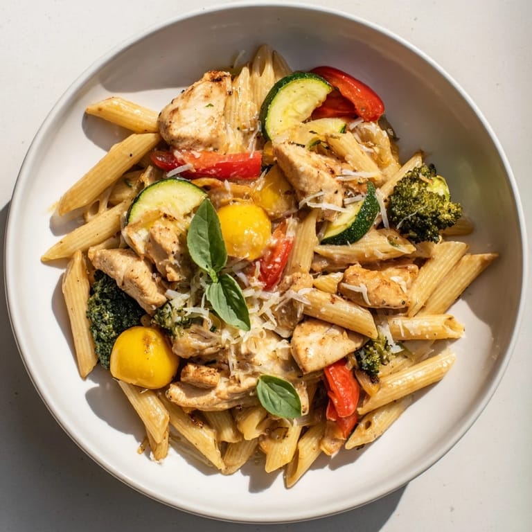 Steaming bowl of 5-4-3-2-1 Pasta Primavera ready to be enjoyed, showcasing the fresh ingredients.