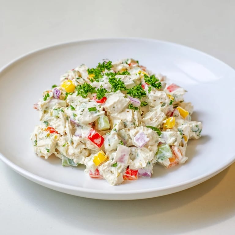 Fresh, homemade canned chicken salad with Mrs. Dash, featuring crunchy celery and a bright, zesty flavor.