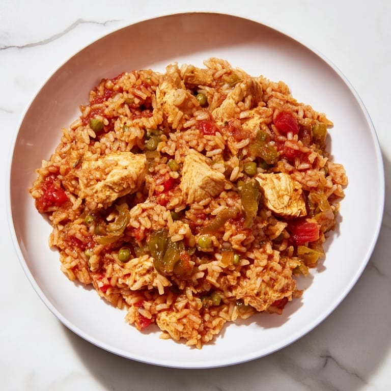 Warm and inviting close-up of One-Pot Chicken and Rice, showcasing the fluffy rice and juicy chicken pieces.