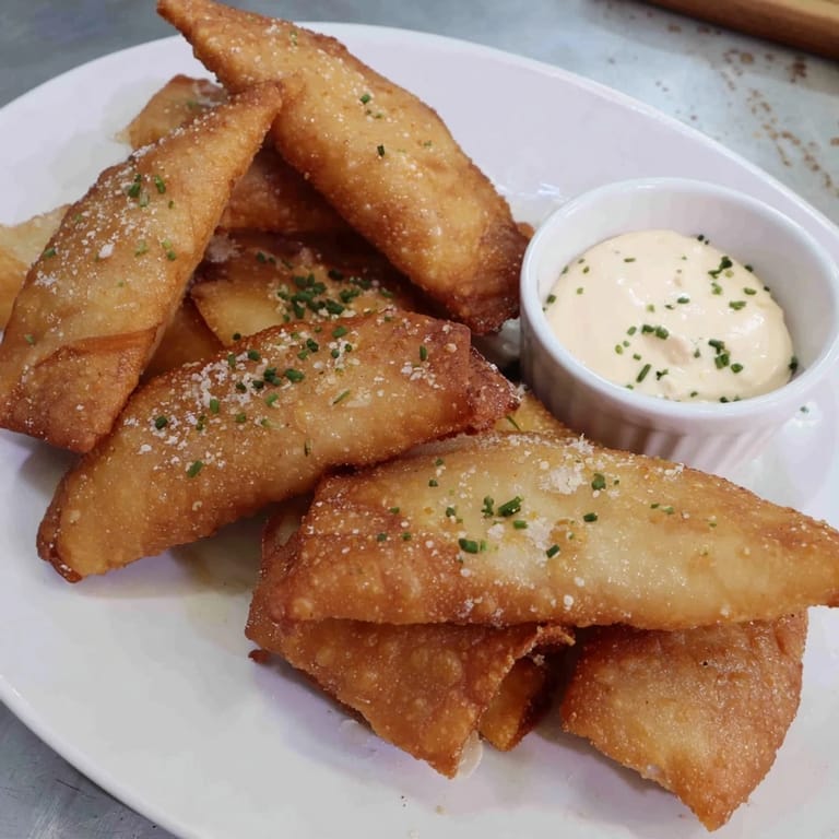 Crispy air fryer lumpia chips with a flavorful, easy-to-make chicken cream cheese dip for dipping.