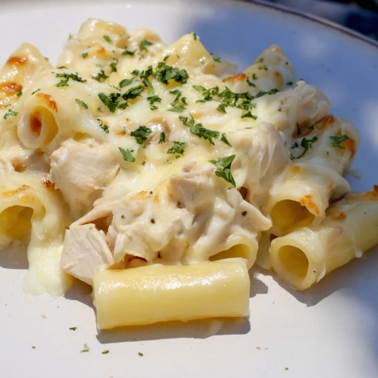 A close-up of a steaming Chicken Alfredo Bake showcasing melted cheese and perfectly cooked pasta.