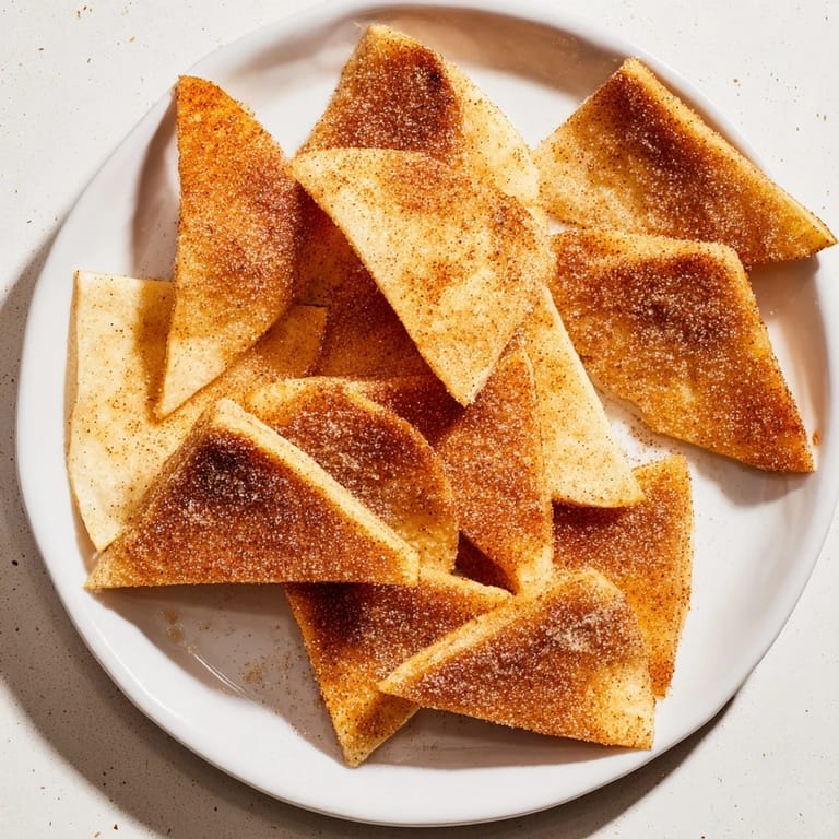 Close-up of golden brown cinnamon sugar tortilla chips, delightfully crunchy and perfect for sharing.