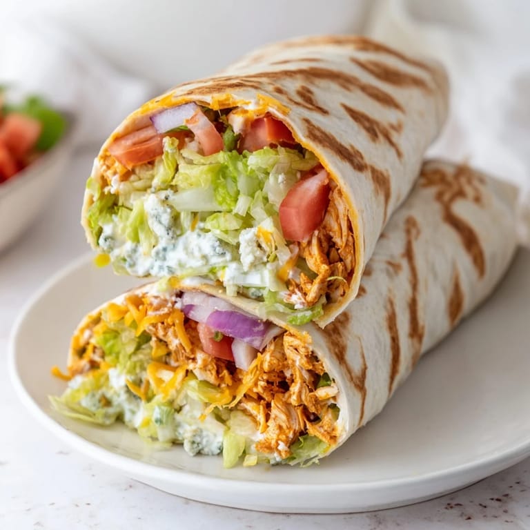A close-up view of a flavorful Buffalo Chicken Wrap, filled and folded to perfection, ready to eat.