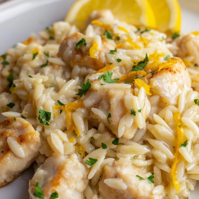 Golden-brown chicken pieces nestled among creamy orzo in this flavorful Creamy Lemon Chicken Orzo dinner.