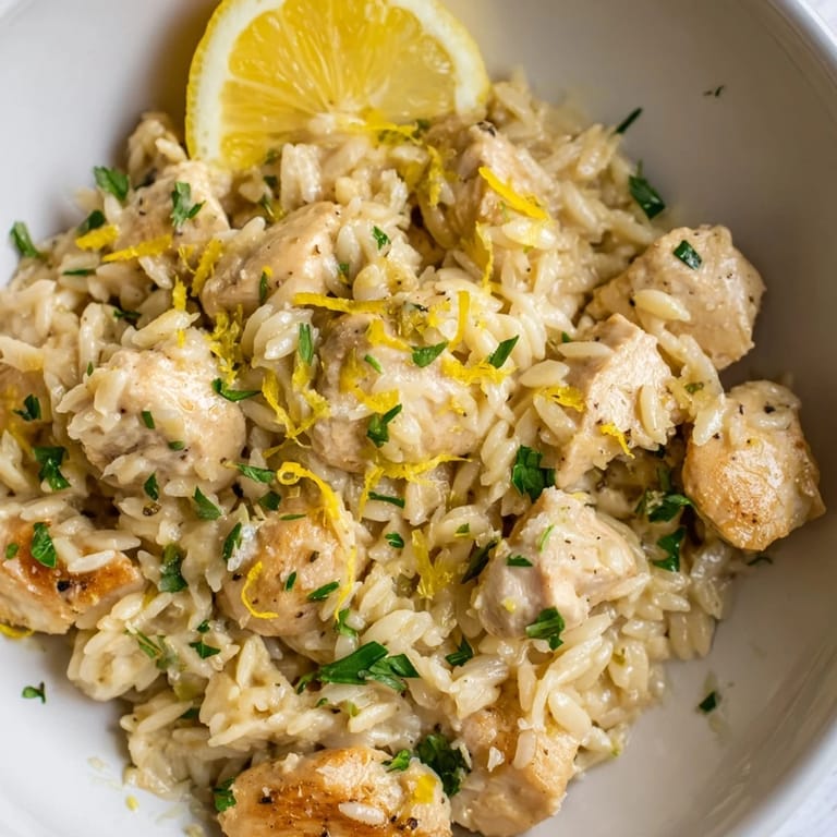 A beautifully plated dish of Creamy Lemon Chicken Orzo, garnished with fresh parsley and lemon slices.