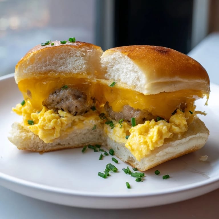 Warm, melty Mini Breakfast Sliders, drizzled with maple syrup, perfect for a hearty brunch.