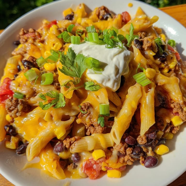 Creamy, cheesy taco pasta with ground beef, shown in a Dutch oven, garnished for serving.