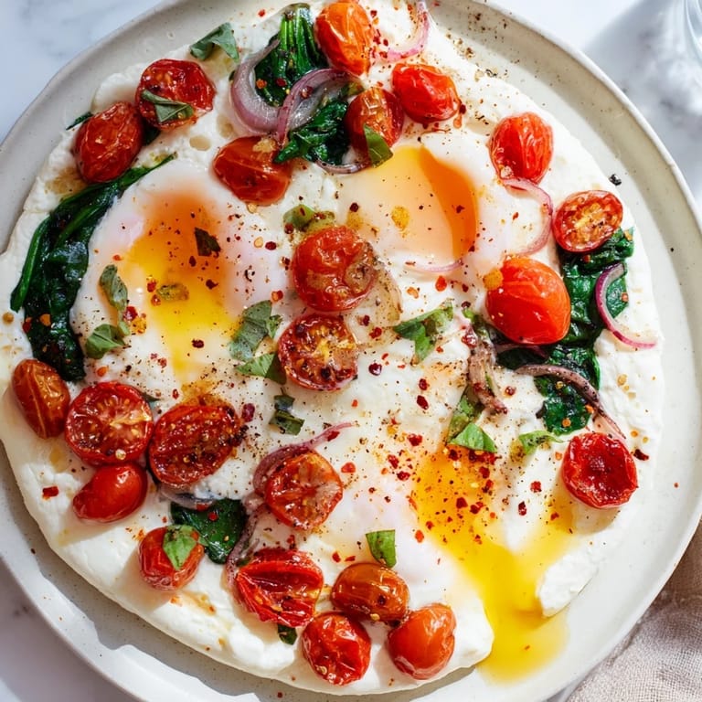 Warm and creamy baked feta eggs with vibrant red tomatoes and a hint of spice, a vegetarian delight.