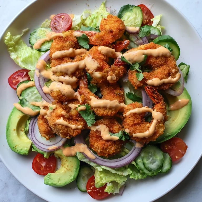A close-up view displays perfectly fried shrimp for the Spicy Crispy Shrimp Salad, drizzled with dressing.
