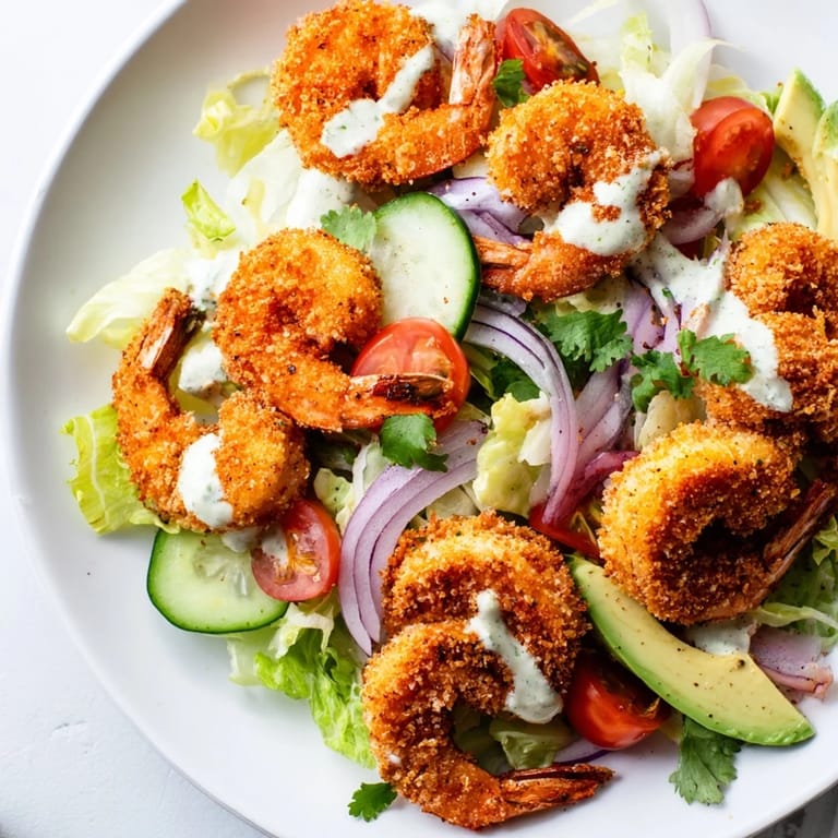 This delicious Spicy Crispy Shrimp Salad showcases fried shrimp with fresh vegetables and zesty dressing.