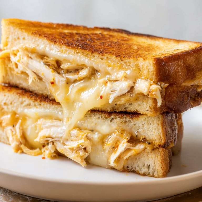 A close-up shot of a perfectly grilled Chili Crisp Honey Chicken Grilled Cheese sandwich, ready to be devoured.