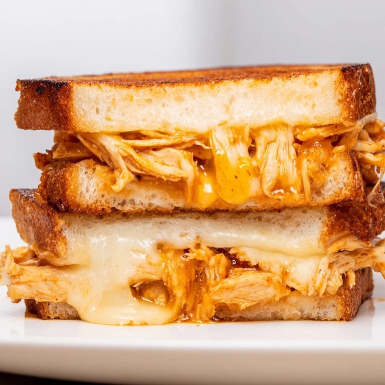 Crispy sourdough and gooey, spicy chicken filling this Chili Crisp Honey Chicken Grilled Cheese looks delicious.
