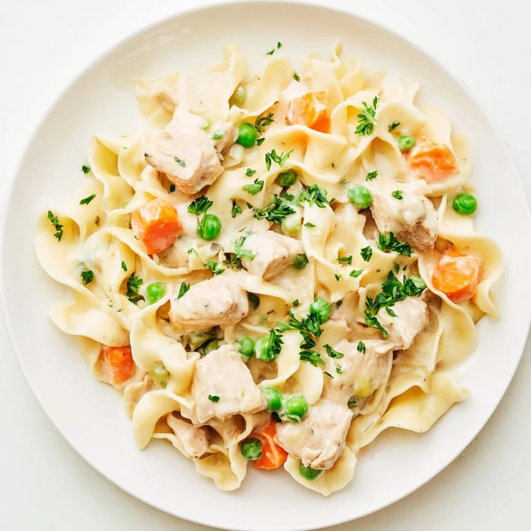 A close-up of creamy chicken and egg noodles, showing tender chicken pieces and vibrant vegetables.