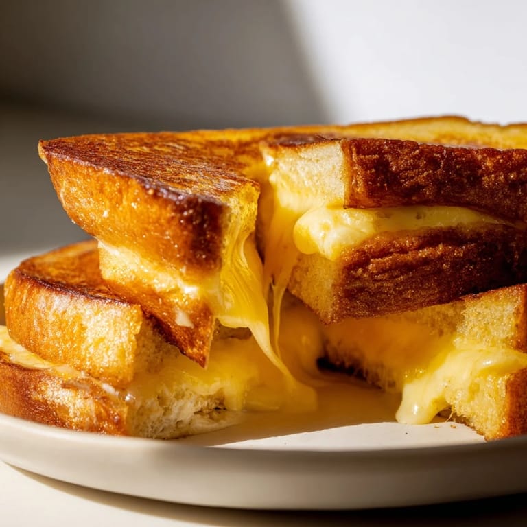 Crispy-edged Custard French Toast Grilled Cheese shows off melted Gruyère within warm, custard-soaked bread.