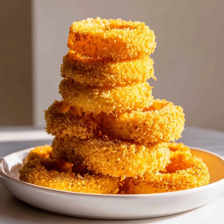 This image shows a beautifully plated Crispy Onion Ring Tower, perfect for sharing as an appetizer with friends.