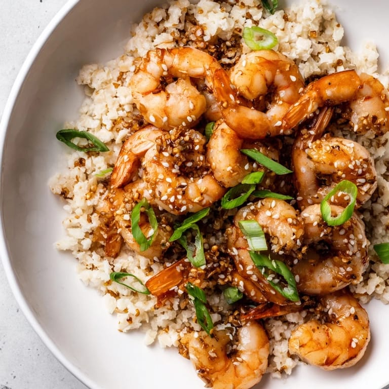 Close-up of delicious ginger garlic shrimp bowls, a healthy dinner with tender, cooked shrimp.