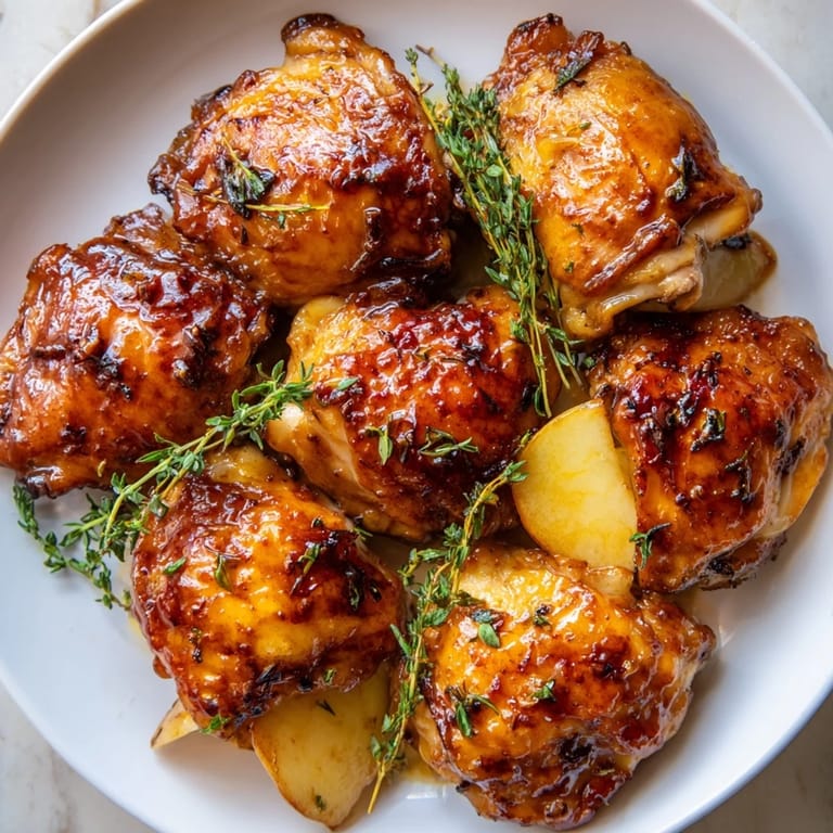 A close-up of delicious, caramelized Sticky Maple Apple Chicken, perfect for a cozy weeknight meal.