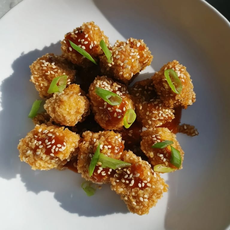 Close-up of freshly glazed Honey Sriracha Tofu Nuggets with garnishes, perfect for snacking or meals.