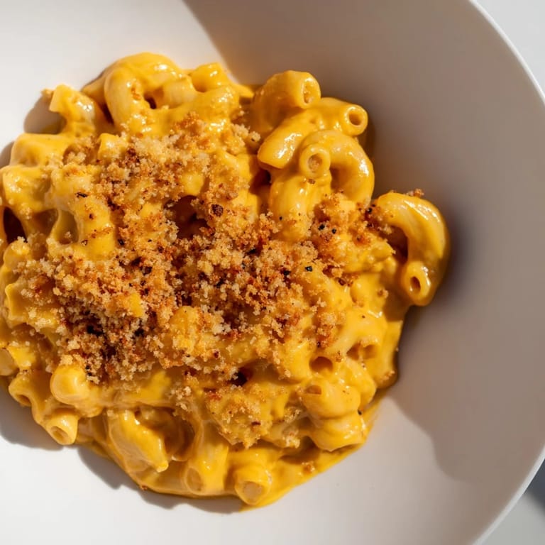 A creamy, vibrant orange bowl of Pumpkin Mac & Cheese, with a sprinkle of Parmesan on top.