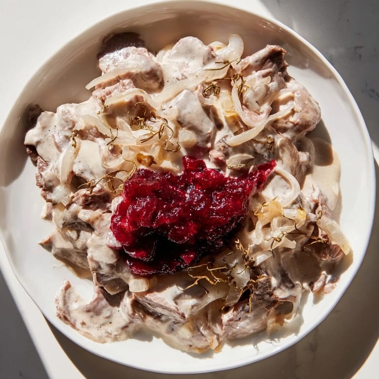 A steaming bowl of Finnish Reindeer Stew, garnished with lingonberries, looks rich and flavorful.