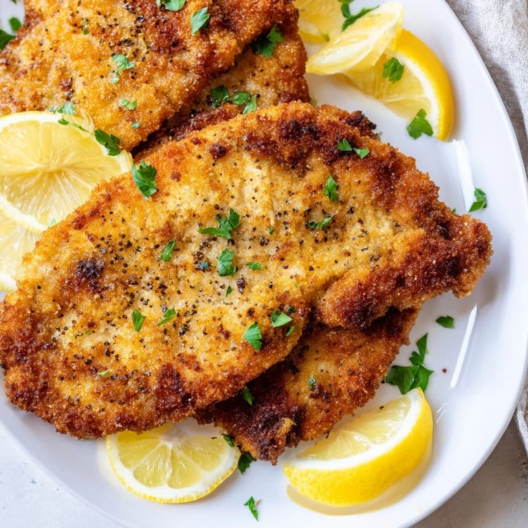 Enjoy a plate of flavorful German schnitzel cutlet, a classic dish, served with fresh parsley and lemon.