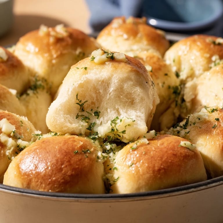 A close-up of the fluffy, pull-apart Garlic Butter Bread reveals the aromatic garlic butter and Parmesan topping, ideal for a family dinner.