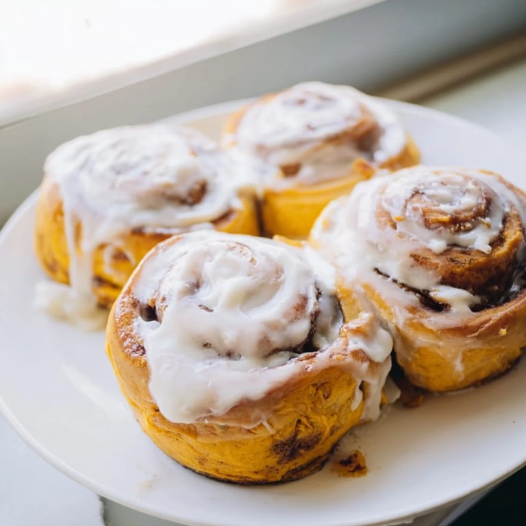 Freshly baked Pumpkin Cinnamon Rolls rise tall in a baking dish, their soft texture and sweet aroma inviting a cozy breakfast treat.