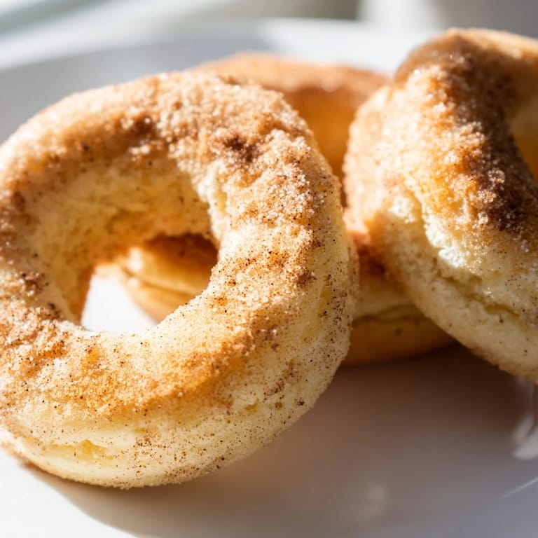 Freshly air-fried biscuit donuts coated in sparkling cinnamon sugar, served warm alongside a steaming mug of coffee.