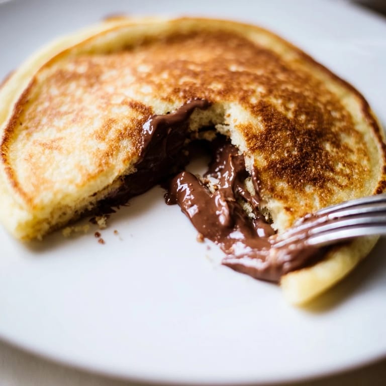 Stack of fluffy Nutella stuffed pancakes on a wooden board, topped with sliced bananas and a dollop of whipped cream.