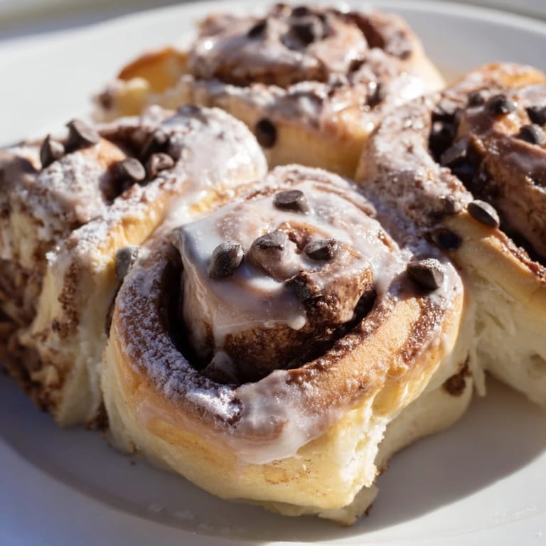 Warm Nutella Chocolate Chip Rolls are glazed and served on a white plate with a cup of coffee nearby.