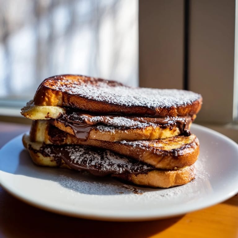 Decadent Nutella Brioche French toast on a plate, oozing melted chocolate spread and served with maple syrup.