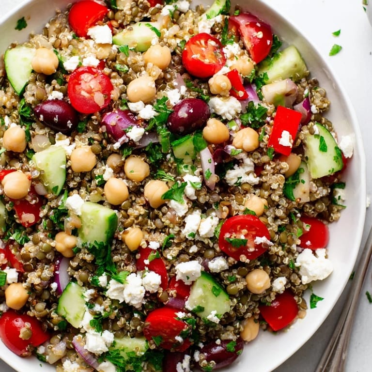 Healthy Greek Power Salad with lentils and diced vegetables, drizzled with zesty red wine vinaigrette.