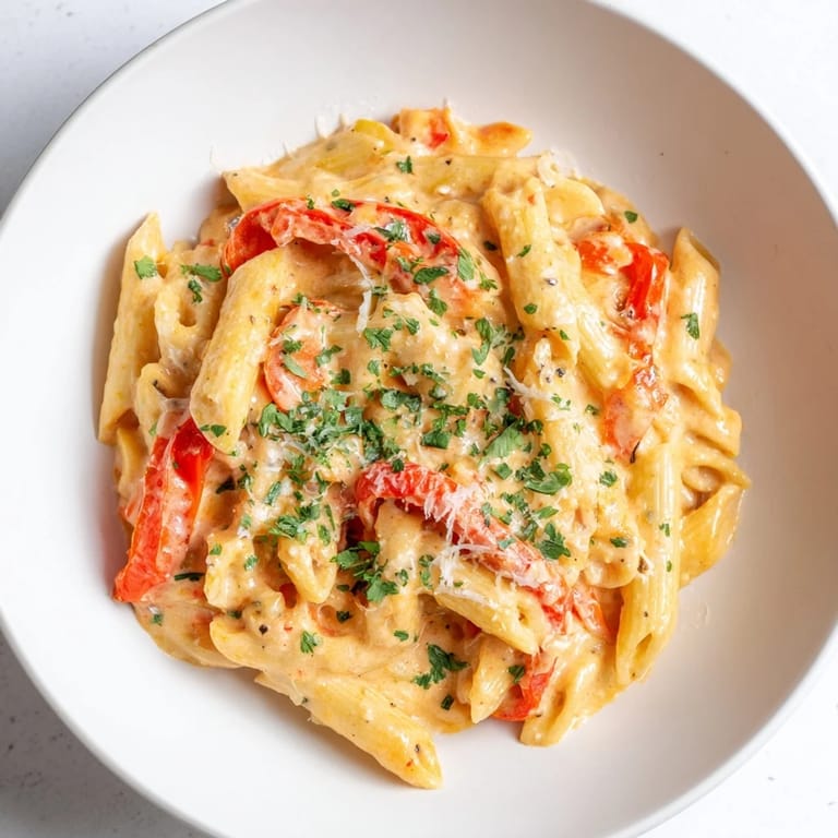 Overhead view of Creamy Cajun Pasta plated in a shallow bowl, garnished with grated Parmesan and chopped parsley, with a glass of Sauvignon Blanc nearby for a balanced, spicy meal.