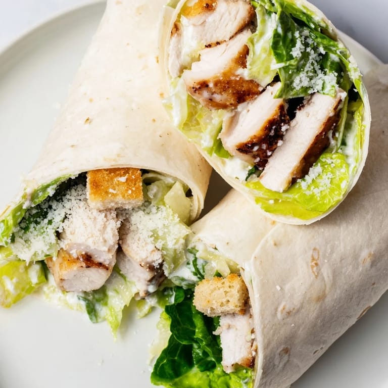 A vibrant Caesar Chicken Salad Wrap, cut in half to reveal layers of juicy grilled chicken, creamy Caesar dressing, and crunchy romaine inside a golden flour tortilla.