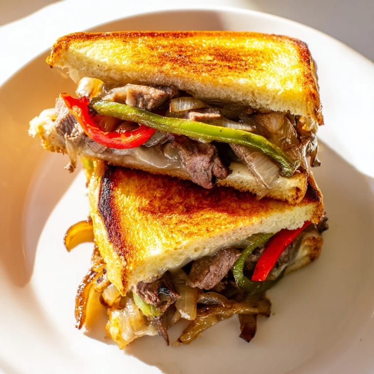 Served hot on a plate, this classic American fusion sandwich features juicy steak strips and sautéed vegetables.