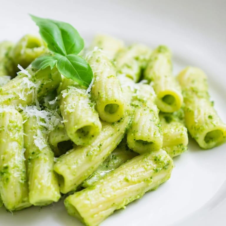 Savory avocado pesto mac tossed with al dente macaroni, drizzled with olive oil and served warm as a comforting vegetarian dinner.