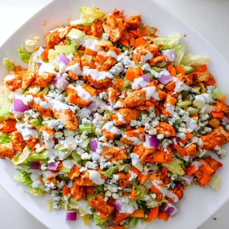A close-up of a freshly tossed Buffalo Chicken Chopped Salad, showcasing juicy red tomatoes, shredded carrots, and a generous drizzle of ranch dressing.