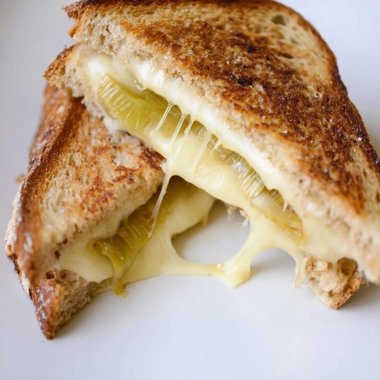 Close-up of a Havarti & Caramelized Leek Grilled Cheese served with a bowl of tomato soup.