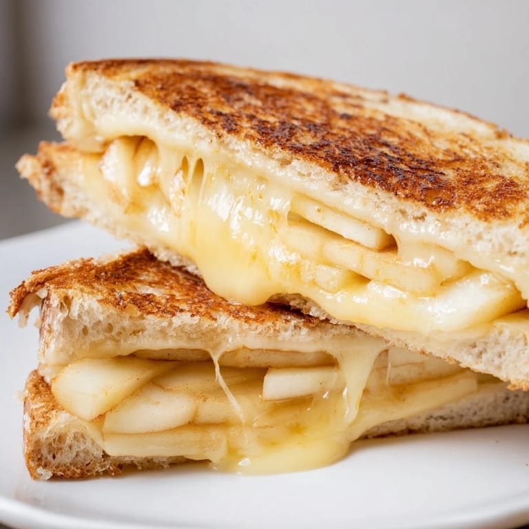 A gooey smoked Gouda & apple grilled cheese, sliced to reveal melted cheese and tart apple between buttery bread.