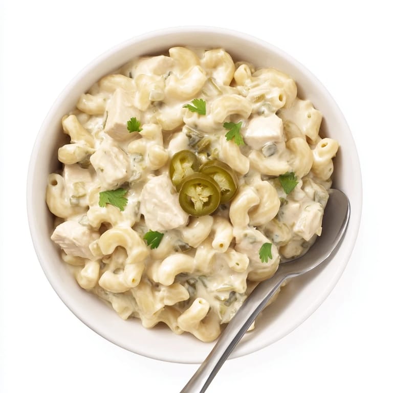 Skillet of hearty Green Chili Chicken Mac, featuring elbow pasta in a savory sauce topped with cilantro and jalapeño.