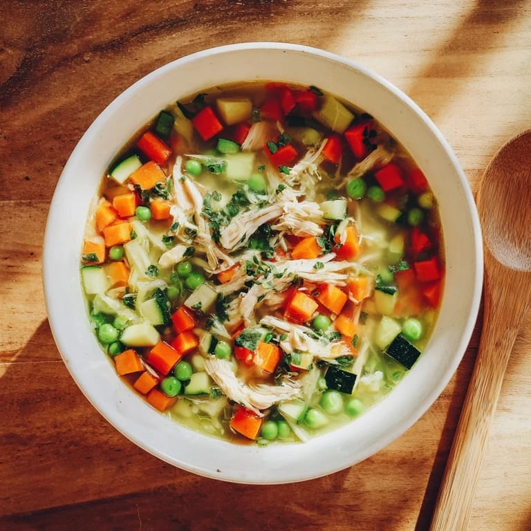 A steaming pot of Spring Garden Chicken Soup features a clear golden broth with zucchini slices and herbs, ready to be ladled out.