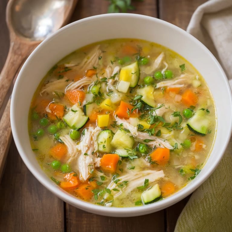 Overhead view of Spring Garden Chicken Soup, a comforting bowl topped with bright green peas and carrots, served with a side of crusty bread.