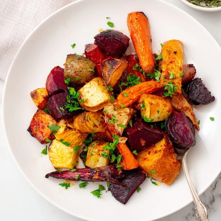 Roasted Root Vegetable Medley served warm, garnished with parsley, perfect beside a grilled main course.
